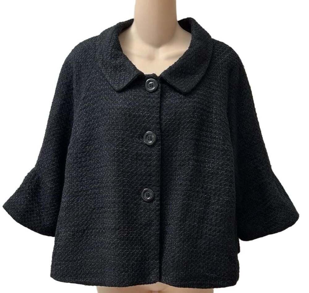 Designer Bob Mackie Studio Blazer Black Textured Bell Sleeve Cropped Jacket Sz 1